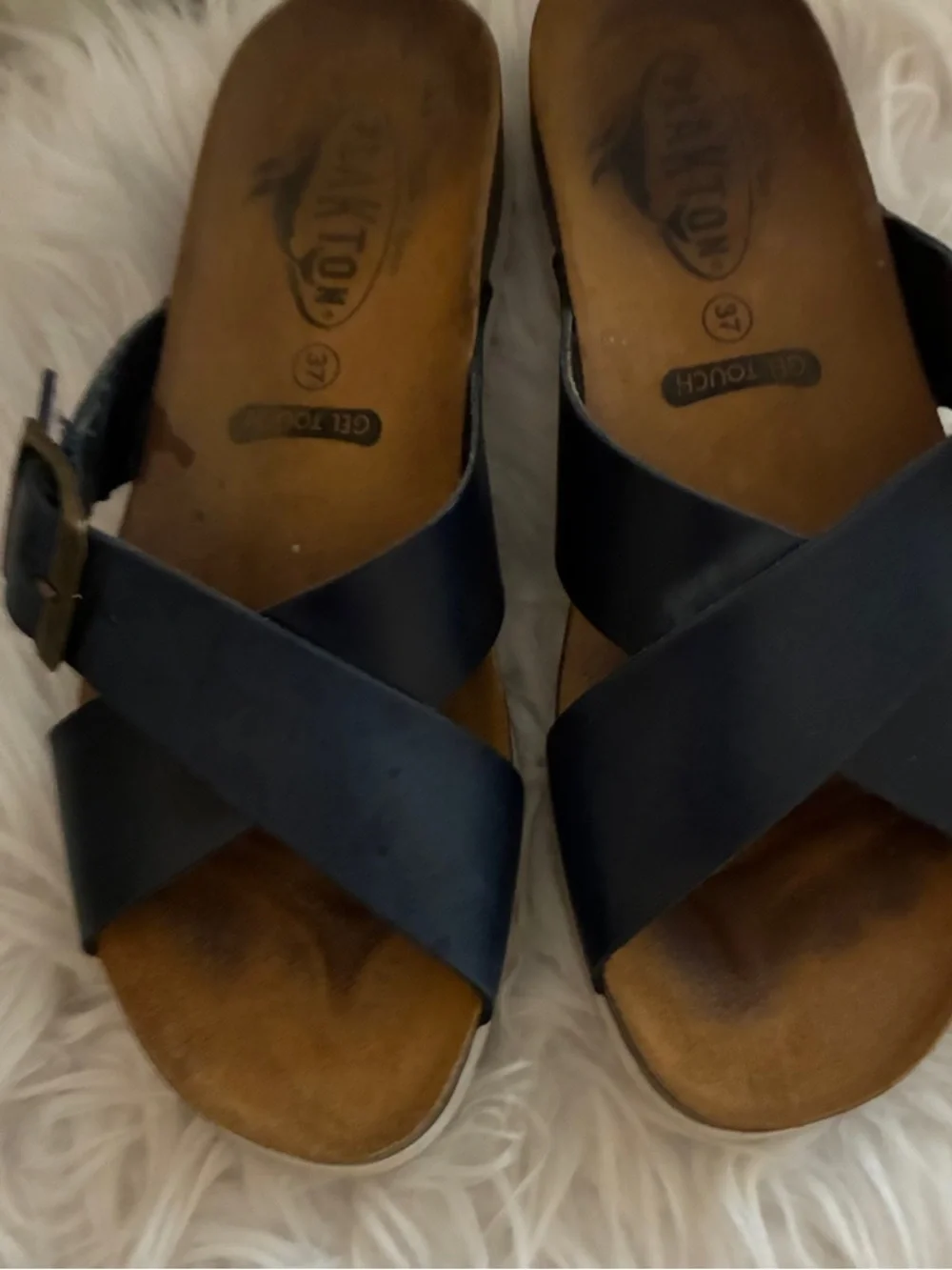Plakton Baker Navy Gel Touch Slide Sandals Cross-Strap Sandals with Buckle Sz 37